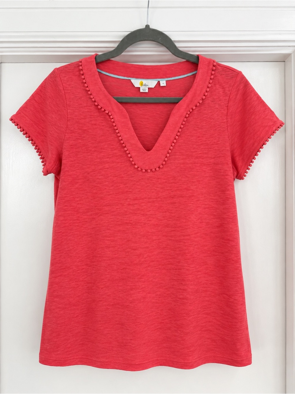 Boden Coral Red Short Sleeve Pom-Trim Tee